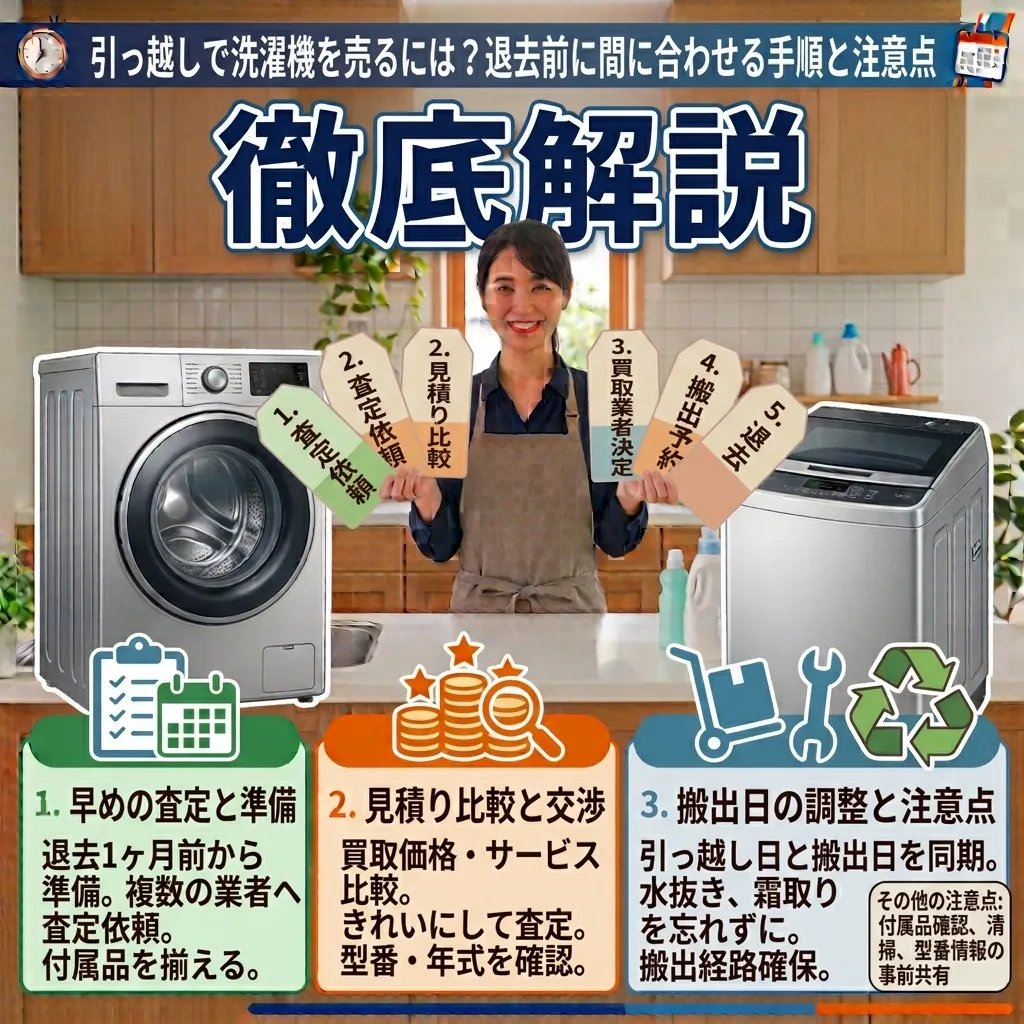 引っ越しで洗濯機を売るには？退去前に間に合わせる手順と注意点