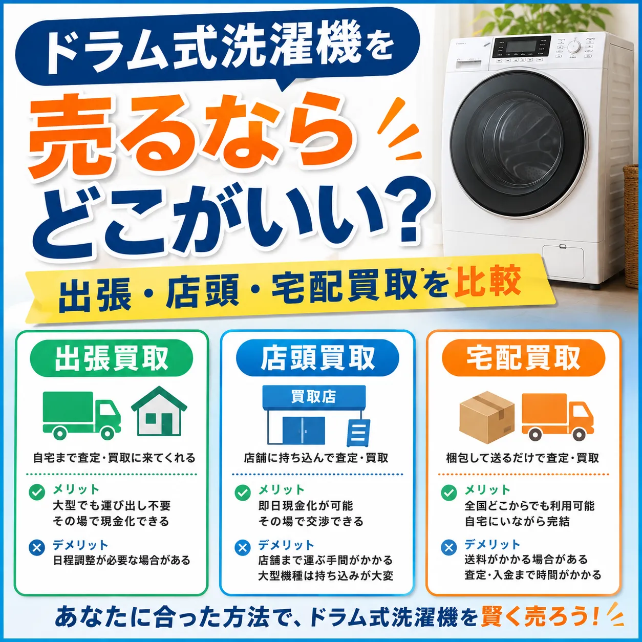 ドラム式洗濯機を売るならどこがいい？出張・店頭・宅配買取を比較